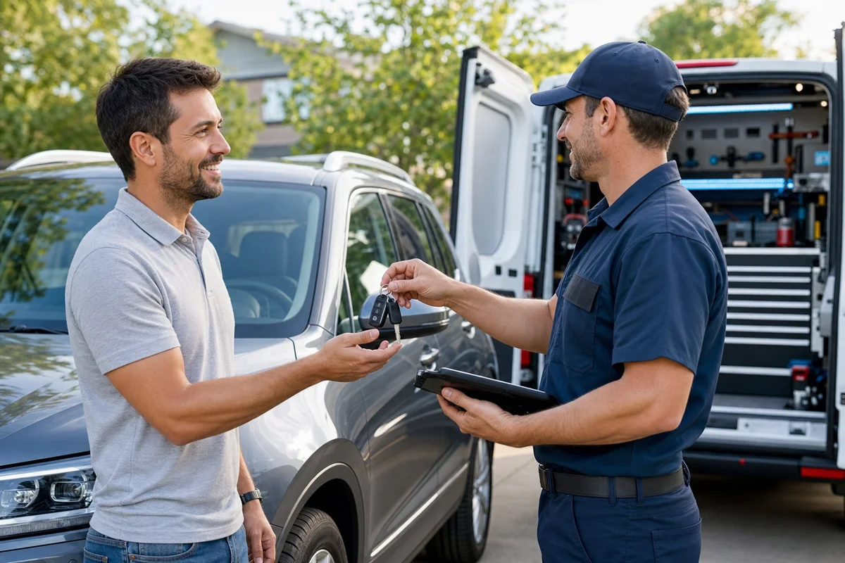 Driver receiving a programmed replacement car key in Houston TX