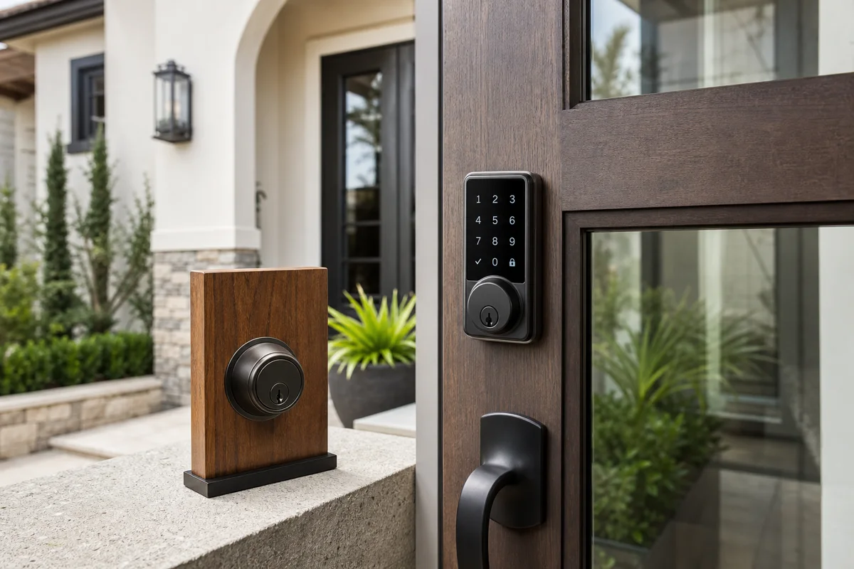 Technician working on modern door lock hardware in Houston TX