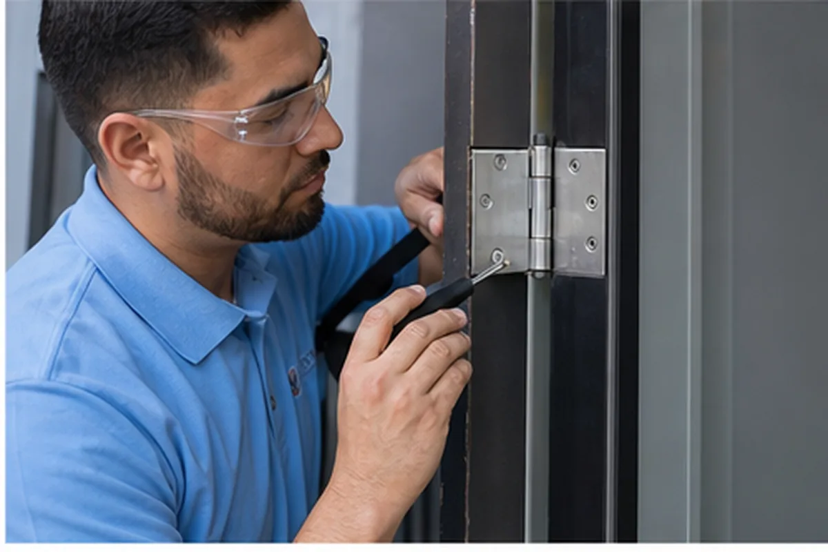Technician working on modern door lock hardware in Houston TX