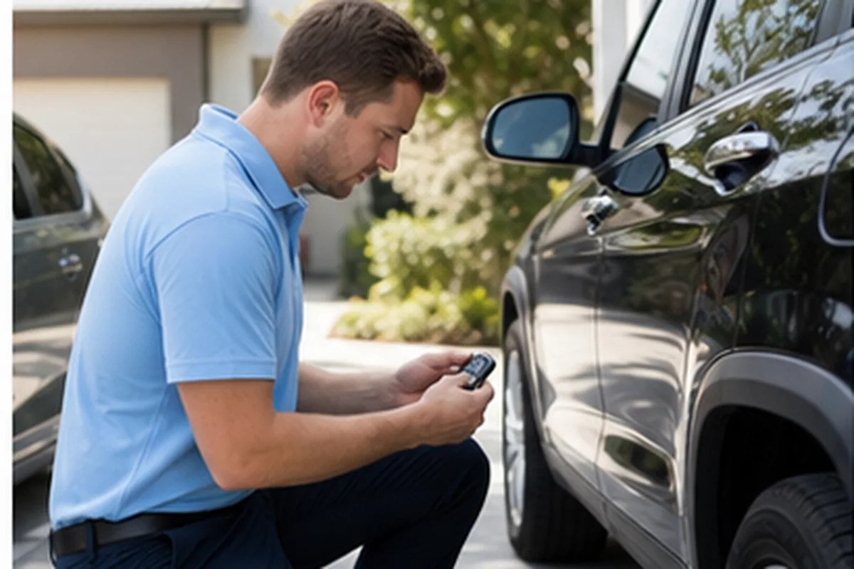 Automotive locksmith technician working on vehicle access in Houston TX